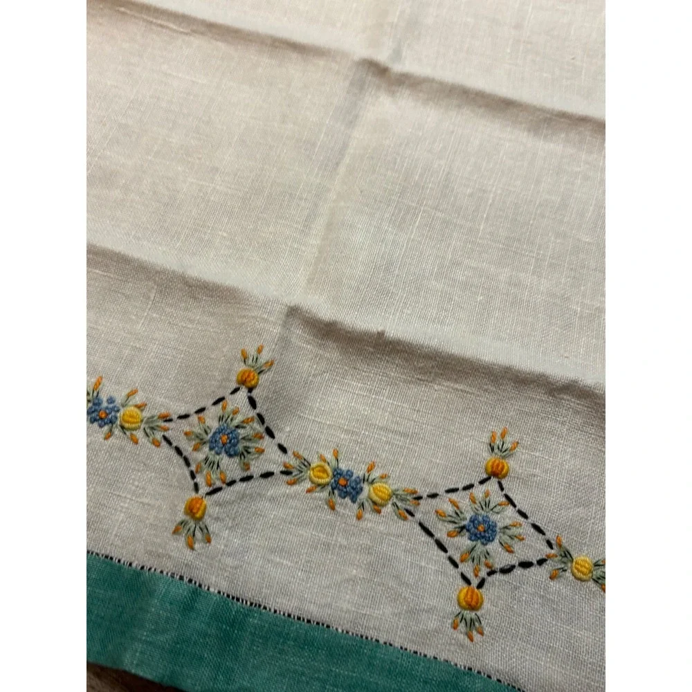 VTG Hand Embroidered Linen Dresser Scarf Floral Teal Border Table Runner 22x14